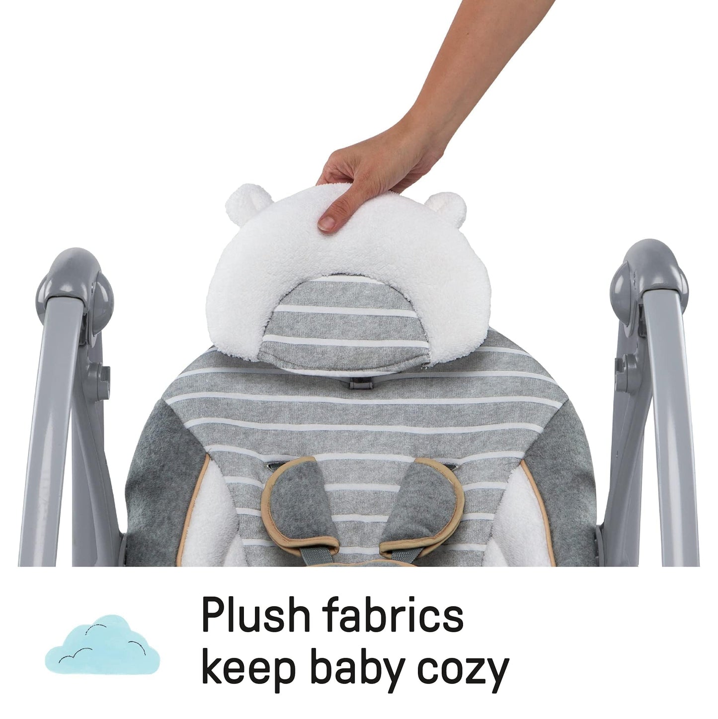 Ingenuity Swing 'n Go Deluxe baby swing with cushioned harness, foldable design, plush toys, and sound features for infants 0-9 months