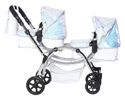 Roma Polly Dolls Pram 2-in-1 Dolls Pushchair, Double Buggy with Convertible Seat, Adjustable Handle, Foldable Canopy, Mermaid Print, Suitable for Ages 3-16, Perfect or Christmas