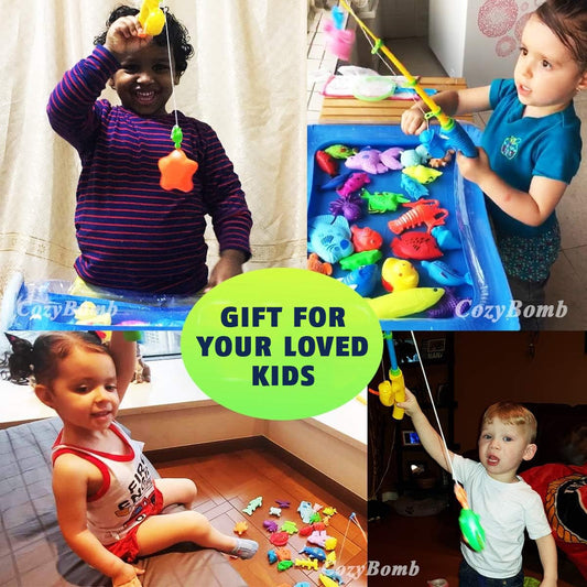 CozyBomB Magnetic Fishing Toys Game Set for Kids for Bath Time Pool Party with Pole Rod Net, Plastic Floating Fish - Toddler Education Teaching Christmas Birthday Gifts