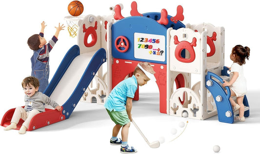 Kids Slide,Indoor Thickened Widened toddler slide with basketball hoop, climbing frame for the garden,storage space slide ((7-in-1 Elk Slide-Blue and Red))