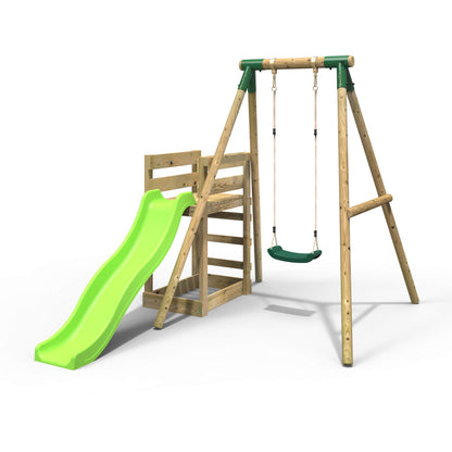 Rebo® Wooden Swing Set Plus Deck and Slide - Solar Green | OutdoorToys | Kids' Playset - Sturdy Construction, Pressure Treated Timber, Soft-Feel Ropes