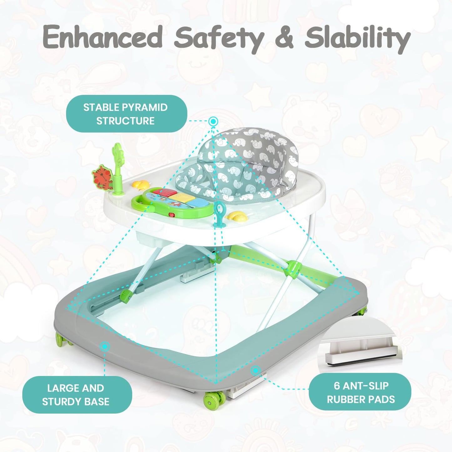 Hadibio Baby Walker in grey with music, lights, foldable design, adjustable height, and removable play tray for 6 months+ infants.