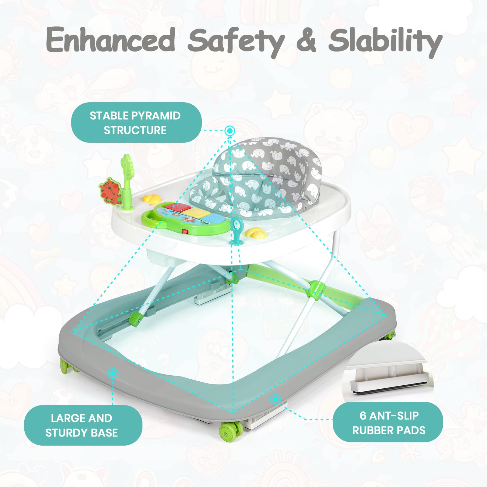 Hadibio Baby Walker in grey with music, lights, foldable design, adjustable height, and removable play tray for 6 months+ infants.