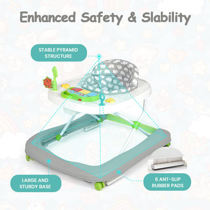 Hadibio Baby Walker in grey with music, lights, foldable design, adjustable height, and removable play tray for 6 months+ infants.