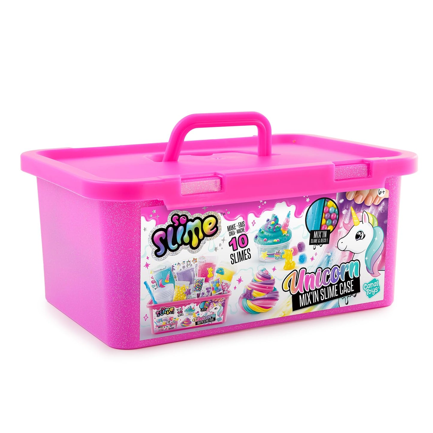 Pink unicorn mix-in slime case by Canal Toys featuring colorful slime with unicorn-themed inclusions and playful design.
