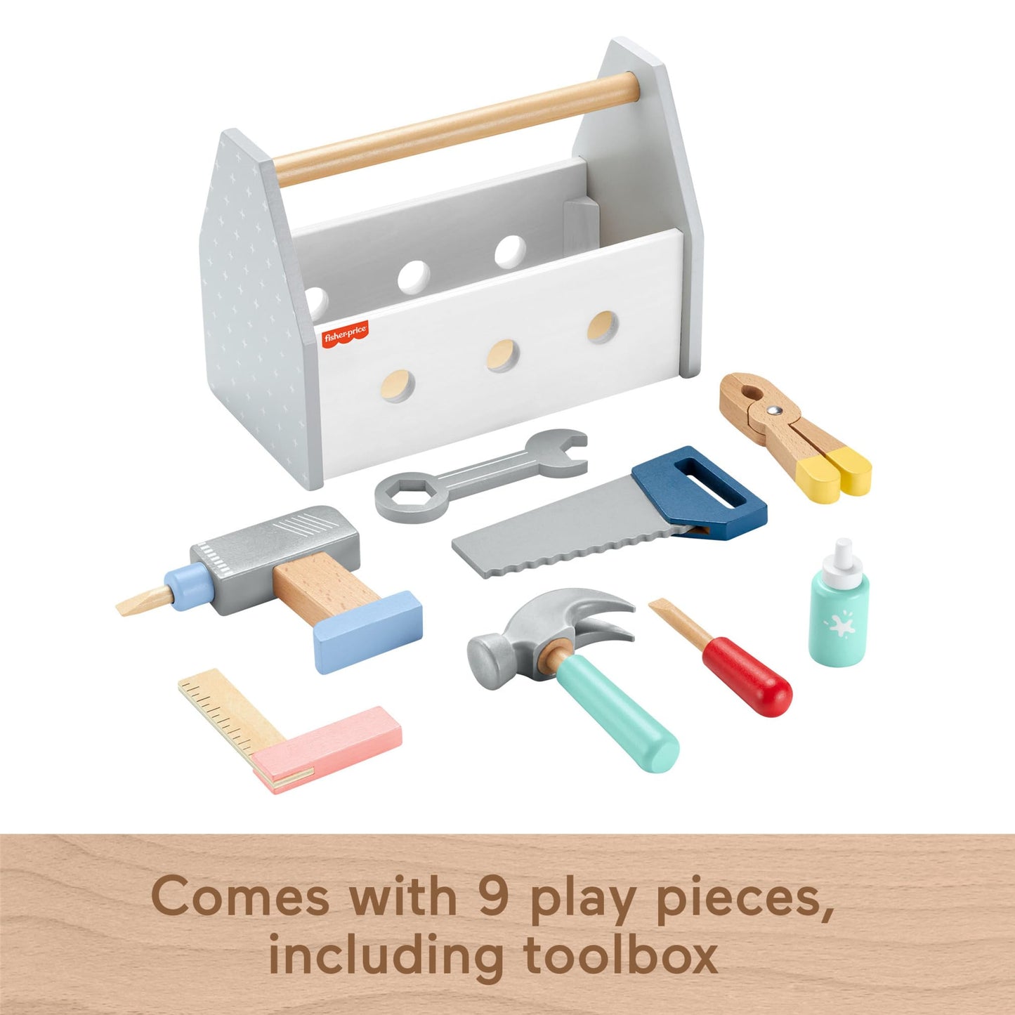 Fisher-Price wooden pretend play tool box with toy drill and construction tools, for preschool kids ages 3+ years.
