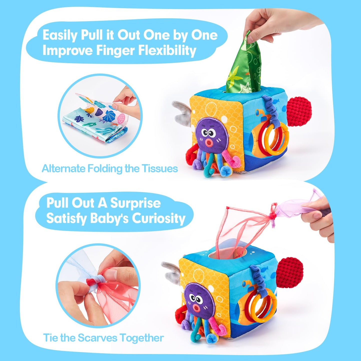 hahaland Baby Tissue Box Toy, Baby Toys 6 Months+ Montessori Toys for 6 Month Old with Textured Tails, Cloth Tissues, Crinkle, Squeaky Sounds, Mirror - Christmas Stocking Stuffers Sensory Toy