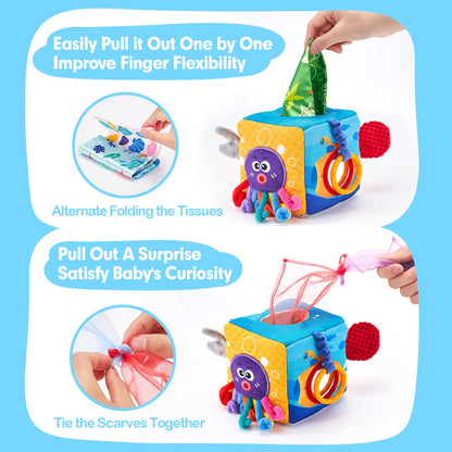 hahaland Baby Tissue Box Toy, Baby Toys 6 Months+ Montessori Toys for 6 Month Old with Textured Tails, Cloth Tissues, Crinkle, Squeaky Sounds, Mirror - Christmas Stocking Stuffers Sensory Toy