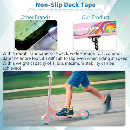 TENBOOM Scooter for Kids Ages 4-7, Boys & Girls - LED Light Up Wheels, 2-Wheel Kick Scooter with Adjustable Handlebar & Rear Brake, Candy Pink