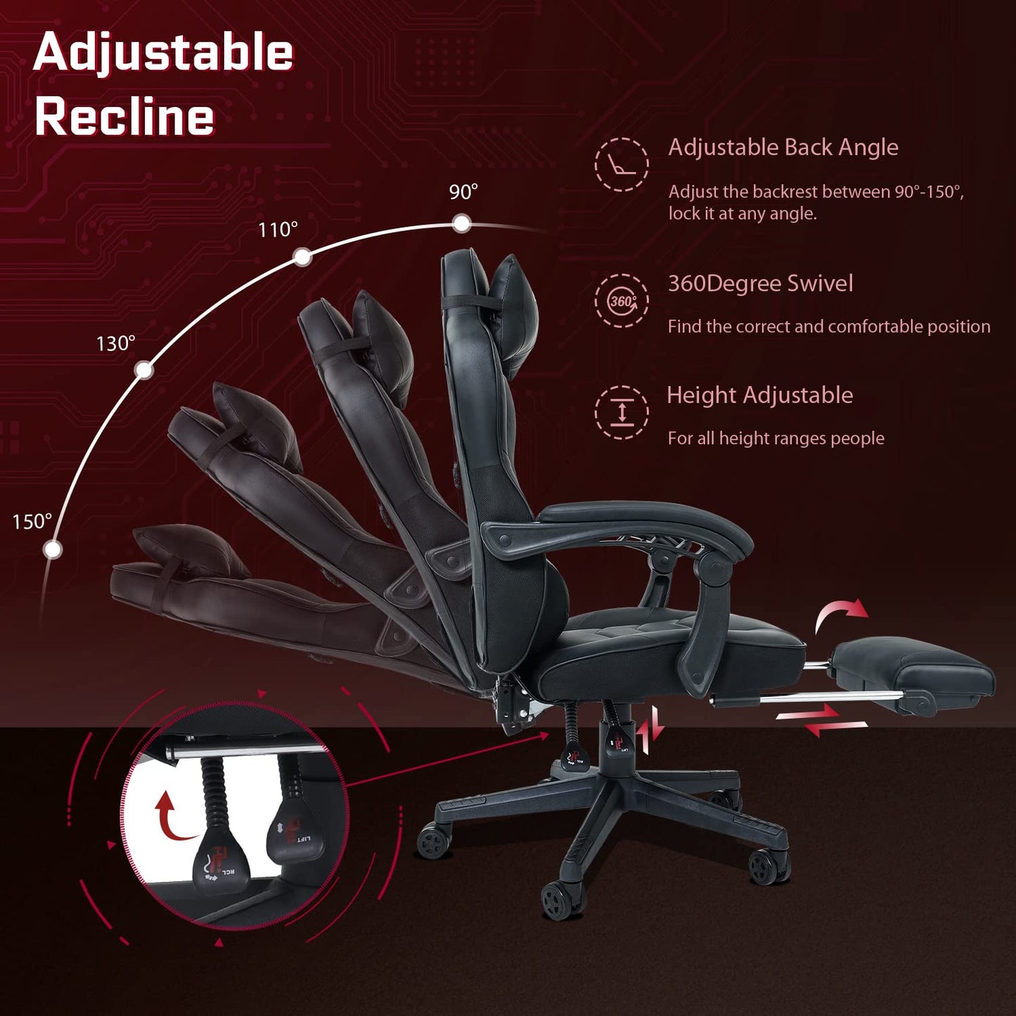 Fullwatt racing gaming chair with footrest, massage lumbar pillow, swivel, adjustable height, recline, black PU leather, big and tall design.