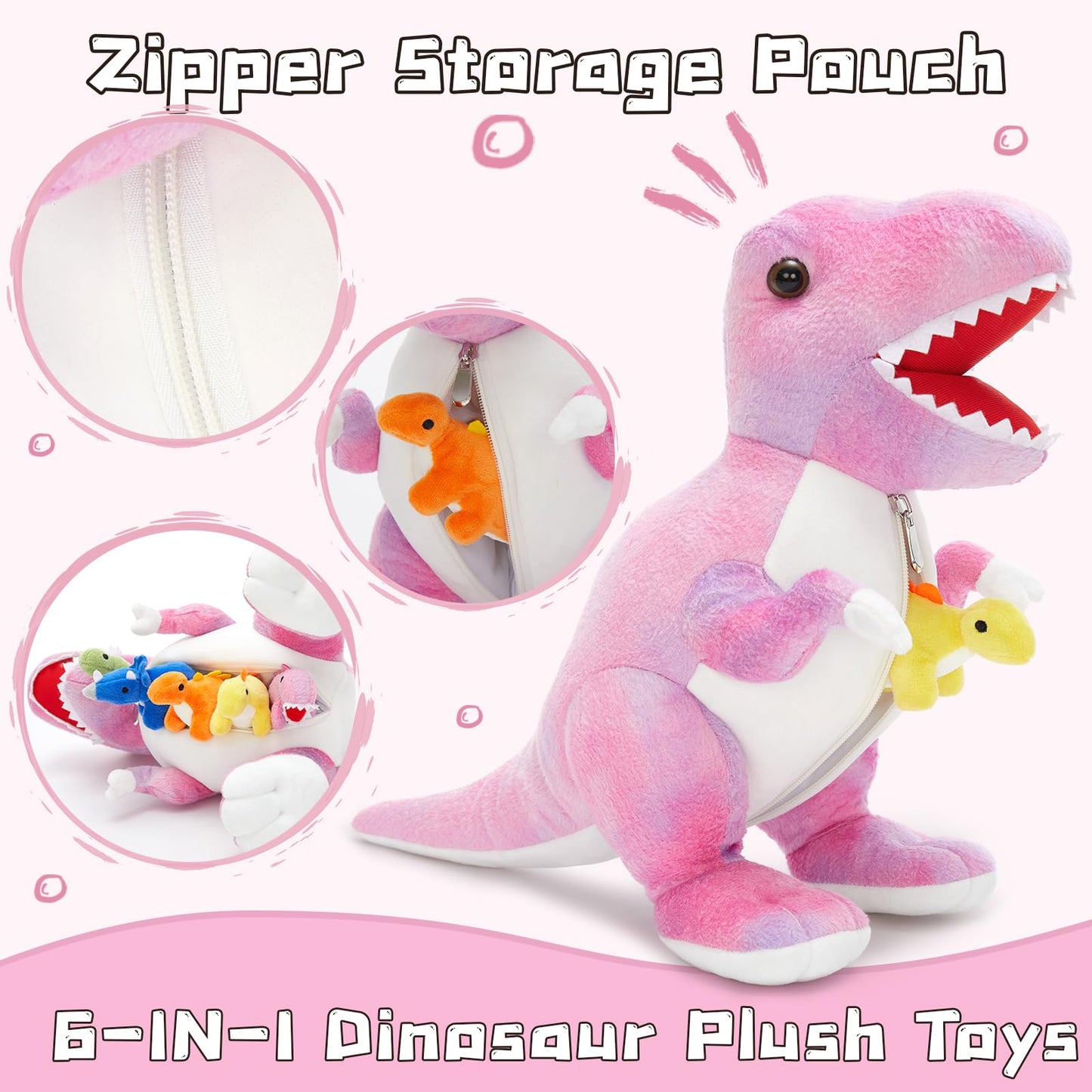 MorisMos Big Dinosaur Teddy Stuffed Animal, 50cm Pink Cuddly Fluffy Mom with 5 Babies Inside, Large T-Rex Soft Toys Kawaii Dino Present for Kids Birthday Christmas Deco
