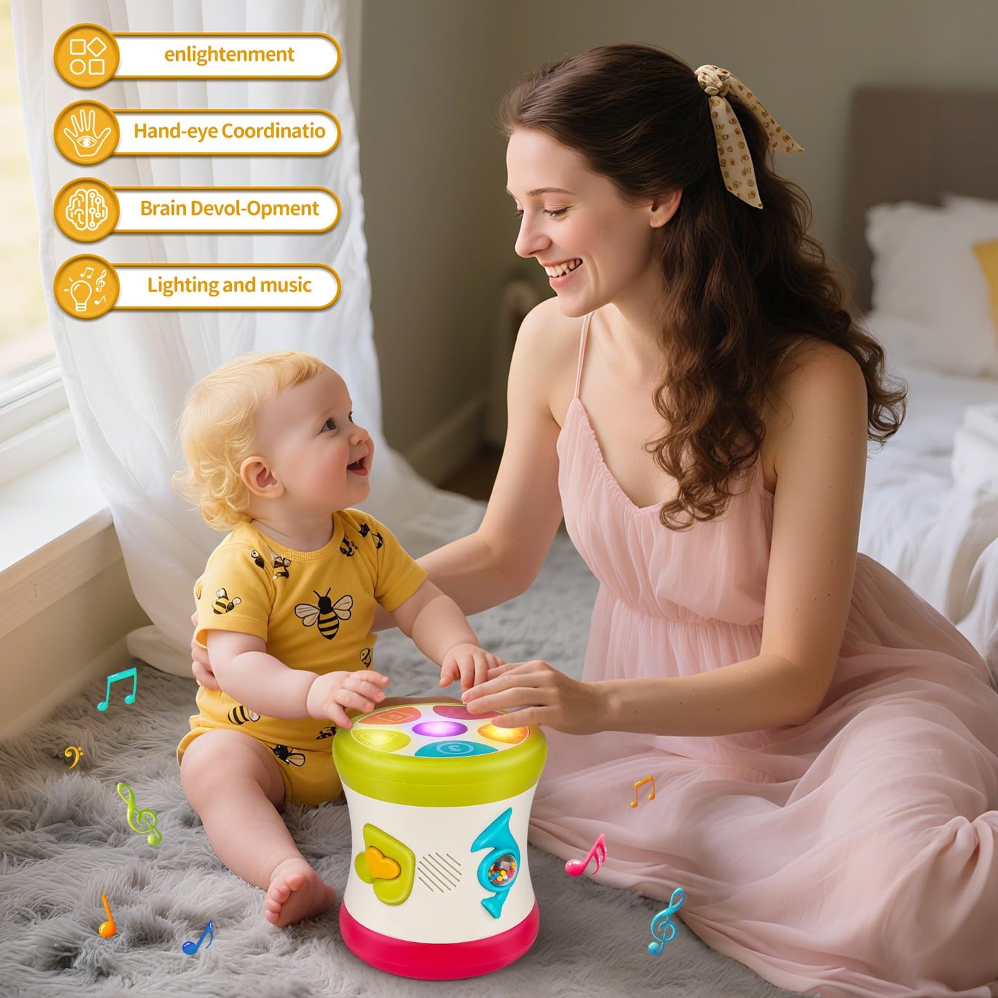 nicknack Baby Drum Kit for toddlers, featuring lights and sensory elements for ages 12-18 months, perfect for early learning.