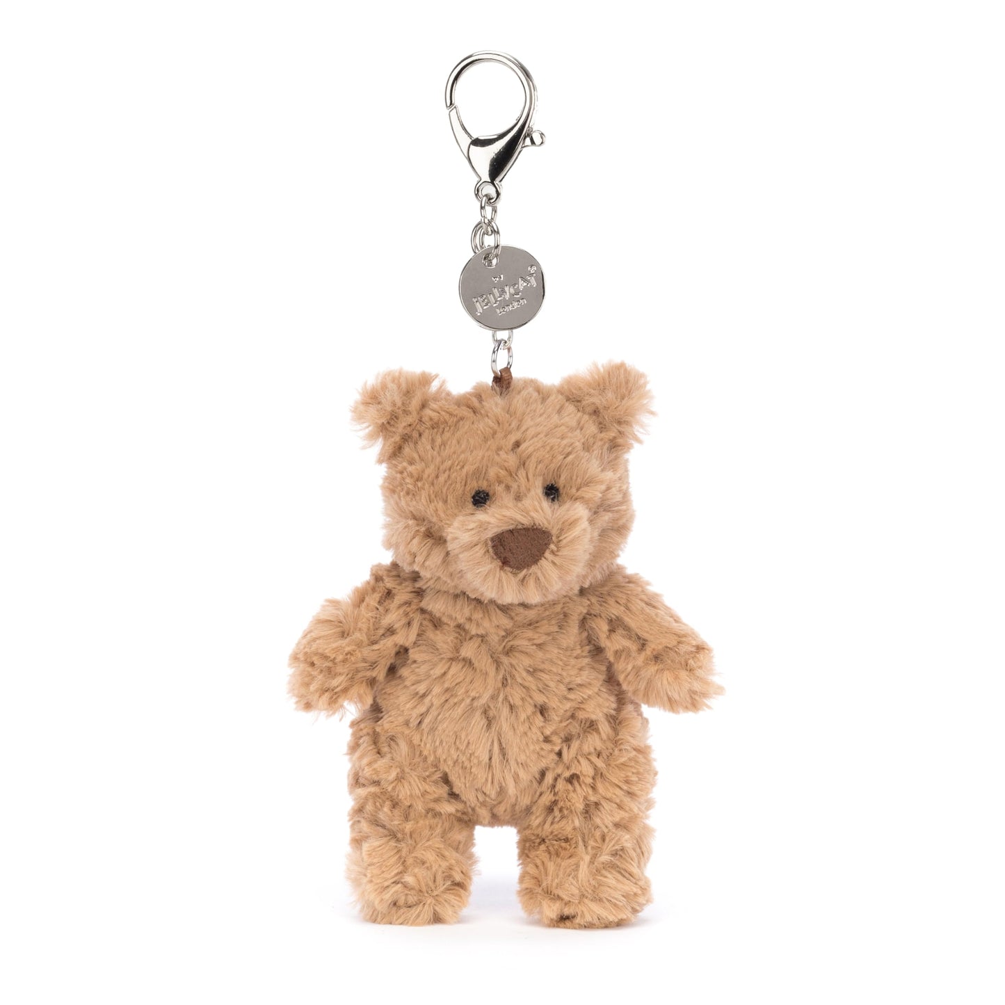Jellycat Bartholomew Bear bag charm in a cute bear design, measuring 5cm x 6cm x 12cm, perfect for keychains or bags.