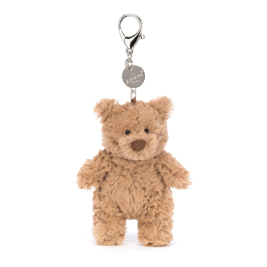 Jellycat Bartholomew Bear bag charm in a cute bear design, measuring 5cm x 6cm x 12cm, perfect for keychains or bags.
