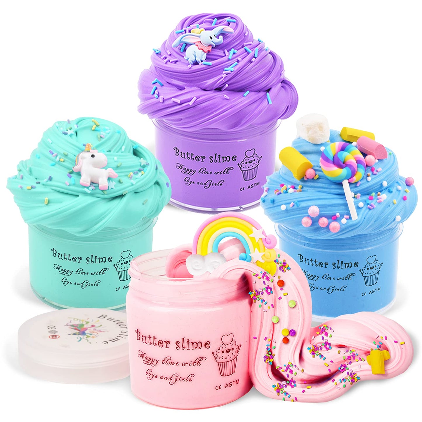 Kids fluffy slime kits by Appoft with colorful putty and slimes, perfect for children ages 5-12, suitable for crafting and stress relief.