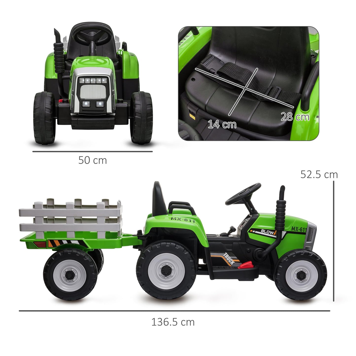 HOMCOM Kids Electric Car, 12V Electric Ride on Tractor and Trailer with Detachable Trailer Remote Control, USB, Horn, Lights, Start-Up Sound, for Ages 3-6 Years, Green