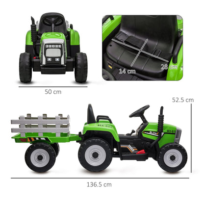HOMCOM Kids Electric Car, 12V Electric Ride on Tractor and Trailer with Detachable Trailer Remote Control, USB, Horn, Lights, Start-Up Sound, for Ages 3-6 Years, Green