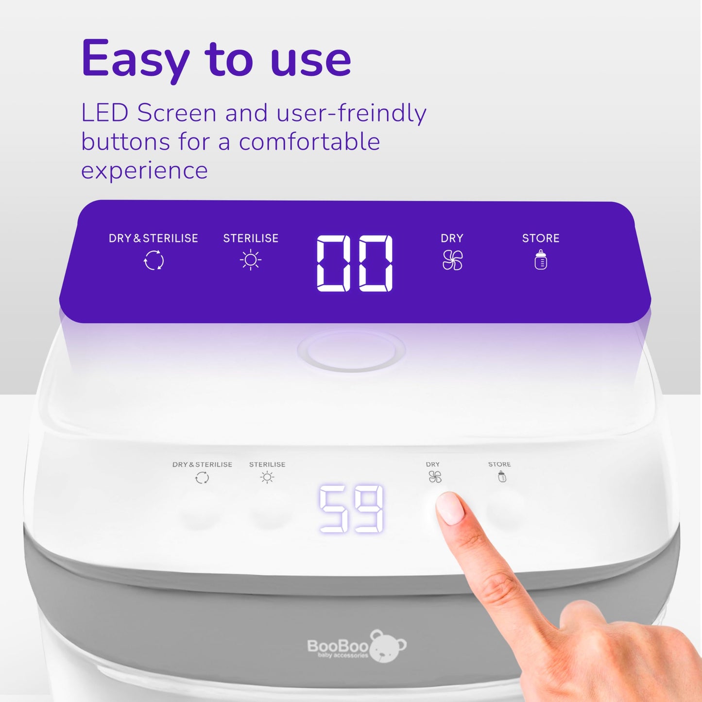 BooBoo Baby Pro UV steriliser with bottles, dummies, toys inside, showing its large capacity and sleek design for quick sterilization.