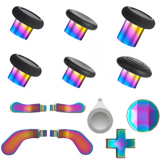 YUNMGALH Elite Series 2 controller accessories kit with rainbow thumbsticks, D-pads, trigger paddles, and storage case for Xbox One.