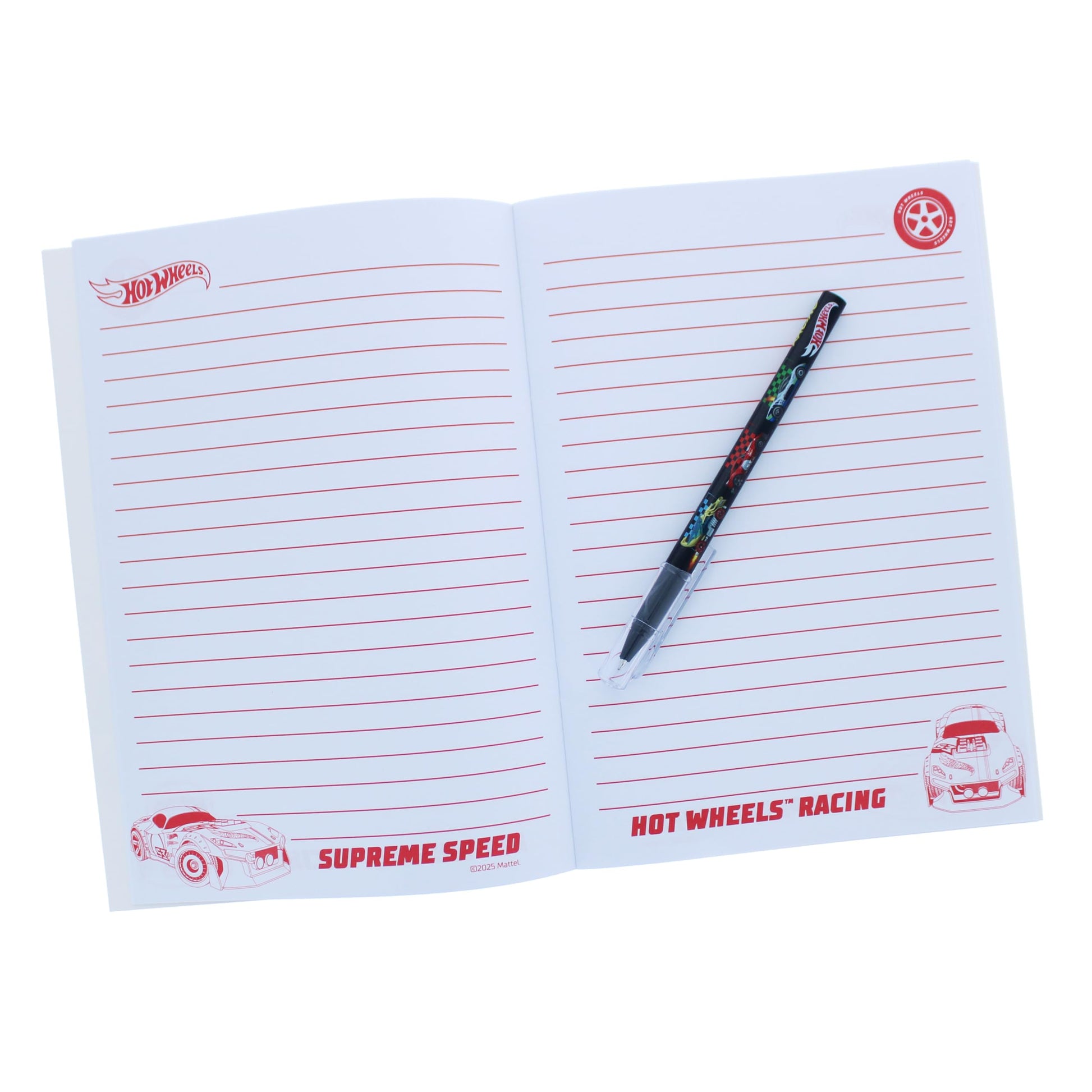 Blueprint Collections Hot Wheels Super Stationery Set with A5 exercise book, ruler, pen, pencil, eraser, sharpener, and stickers.