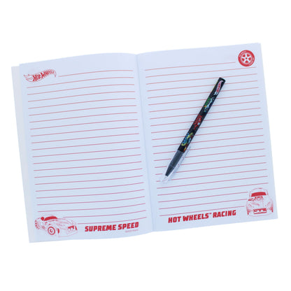 Blueprint Collections Hot Wheels Super Stationery Set with A5 exercise book, ruler, pen, pencil, eraser, sharpener, and stickers.