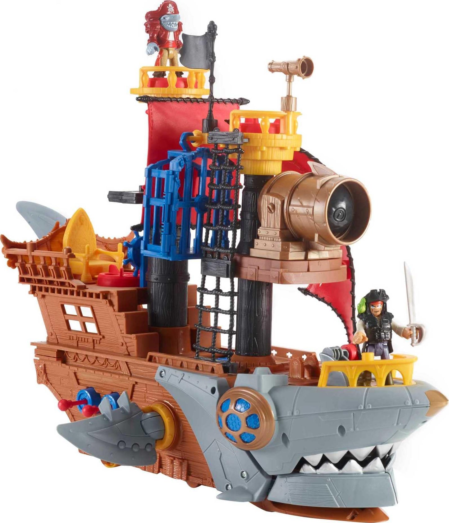 Fisher-Price Imaginext shark bite pirate ship playset with figure and accessories for preschool pretend play, suitable for ages 3+ years.