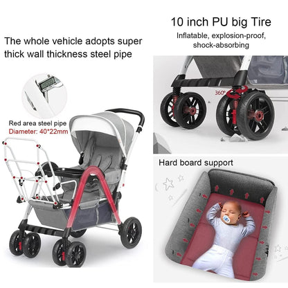 Double Infant Stroller for Twins - Cozy Compact Foldable Baby Pram With Oversized Canopy, Double Seat Tandem Seating (Pink)