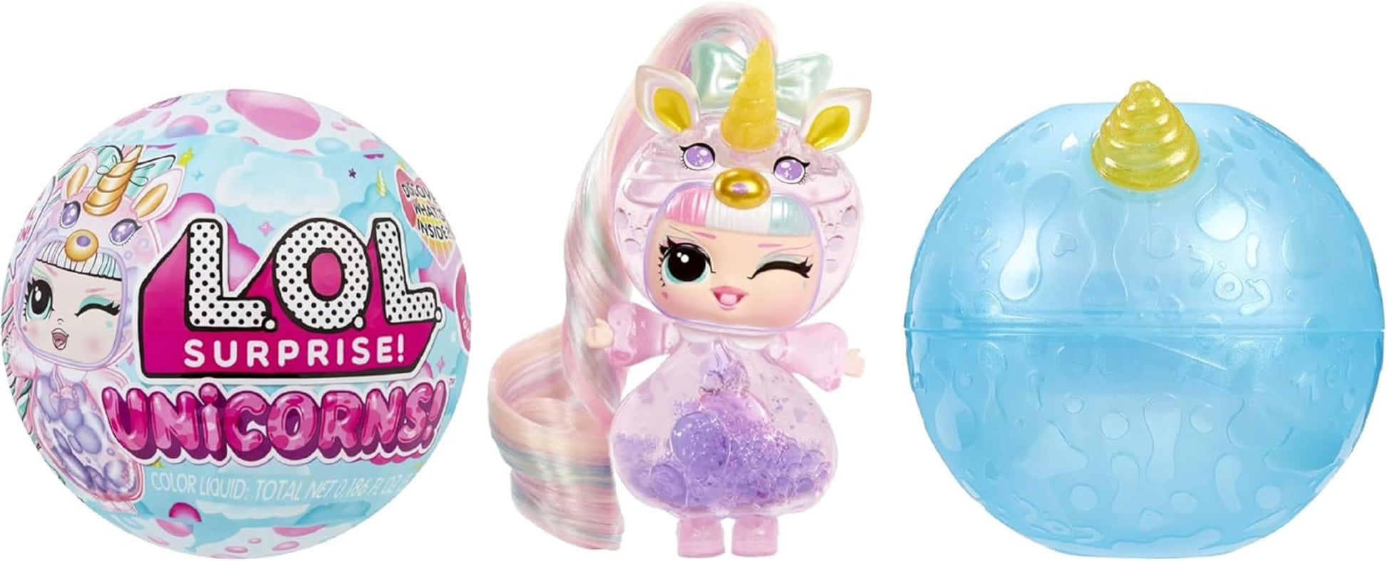 L.O.L. Surprise! Unicorns Tots doll with transparent features, colorful potions, and blind packaging for kids ages 4+.
