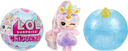 L.O.L. Surprise! Unicorns Tots doll with transparent features, colorful potions, and blind packaging for kids ages 4+.