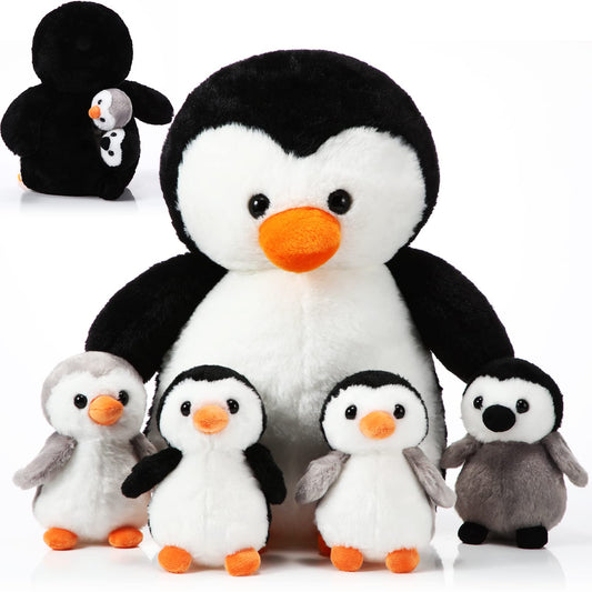 Harrycle 5 Pcs Stuffed Animal Penguin Plush Toy Set 14 Inch Mommy Penguin Stuffed Animal with 4 Cute Babies in Zippered Belly Soft Cuddly Plushie for Kids Gifts(Lovely Style)