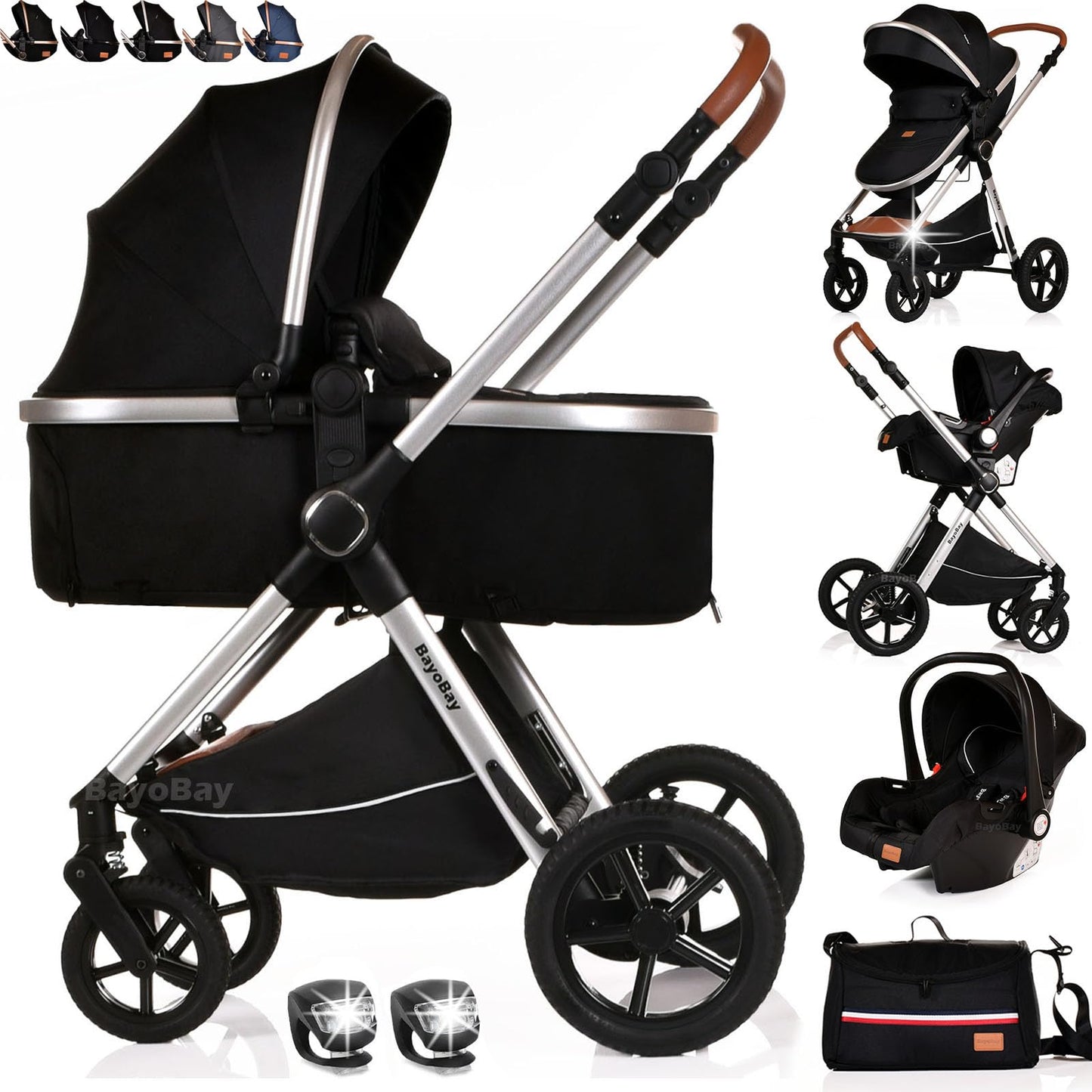 BayoBay 3-in-1 baby buggy pram and stroller with car seat and carrycot, lightweight, foldable travel system for newborns and toddlers.