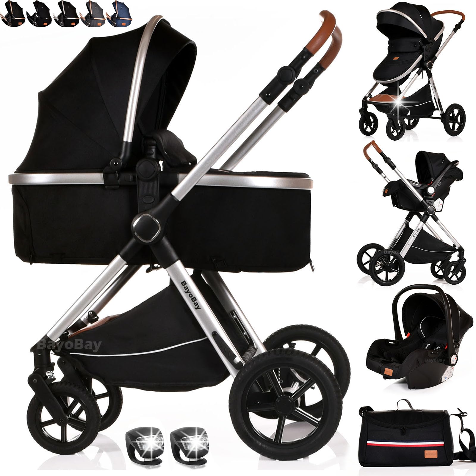 BayoBay 3-in-1 baby buggy pram and stroller with car seat and carrycot, lightweight, foldable travel system for newborns and toddlers.