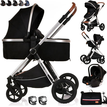 BayoBay 3-in-1 baby buggy pram and stroller with car seat and carrycot, lightweight, foldable travel system for newborns and toddlers.