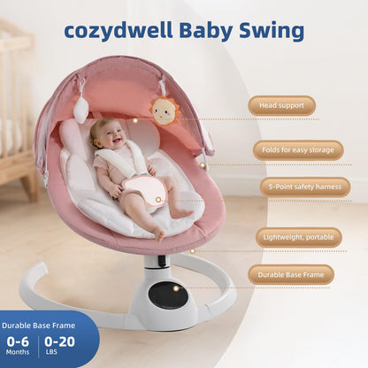 Cozydwells electric baby swing chair in pink with Bluetooth, touchscreen music speaker, remote control, 5 swing speeds, and portable design.