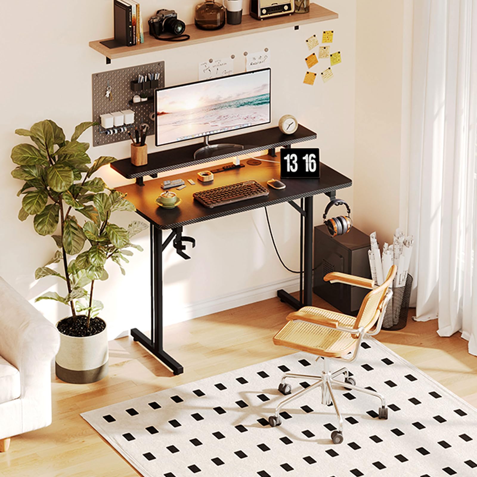 CAIYUN small gaming desk with LED lighting, power outlets, full monitor stand, black carbon fiber surface and metal frame for home office