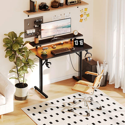 CAIYUN small gaming desk with LED lighting, power outlets, full monitor stand, black carbon fiber surface and metal frame for home office