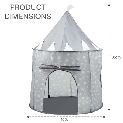 Gray Crystals kids pop-up princess castle play tent with colorful accents, foldable sensory playhouse for children.