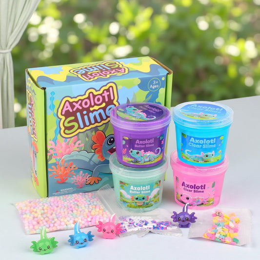 Four-pack of Kaoerdce Axolotl fluffy slime kit with butter and clear slime, colorful charms, soft and stretchy for kids' play and gifts