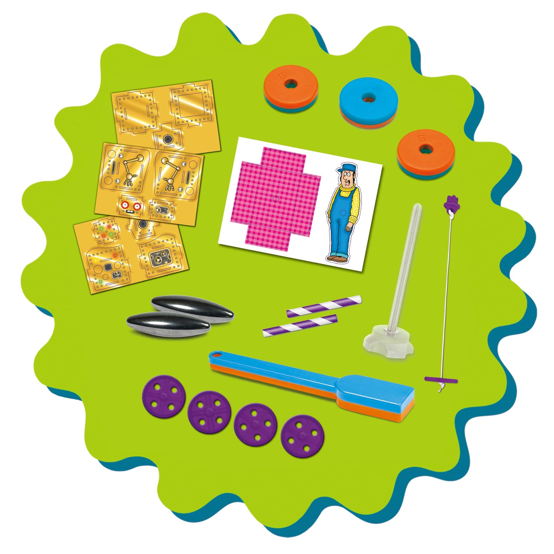 Galt Mighty Magnets Kit for kids showing colorful magnets, robot build, and science experiments for ages 6 and up.