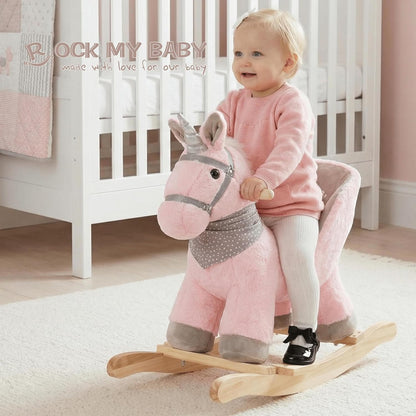 Rock My Baby Plush Rocking Horse - Soft Stuffed Body,Safety Seat Chair, Wooden Rockers, Music Button – Toddler Ride-On Toy for Ages 1–3 (pink)