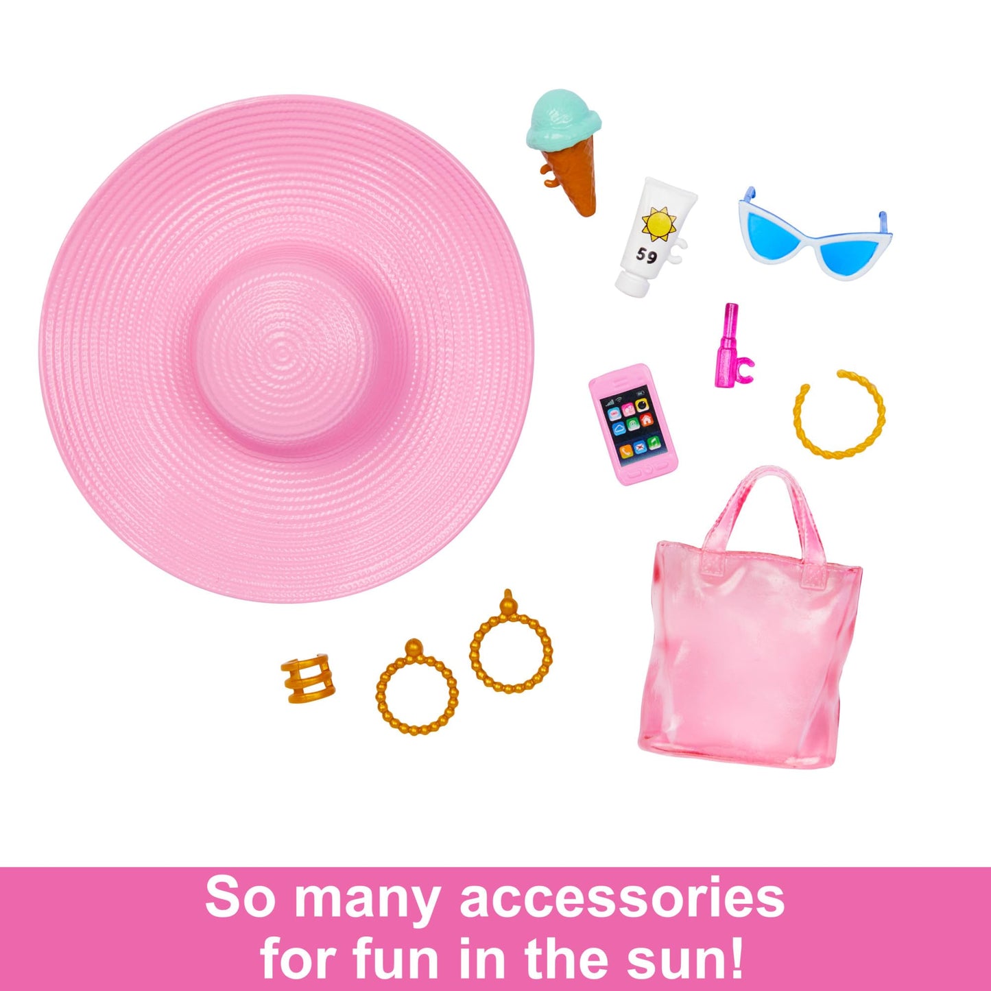 Blonde Barbie doll in pink and white swimsuit, sun hat, tote bag, and beach accessories, HPL73.