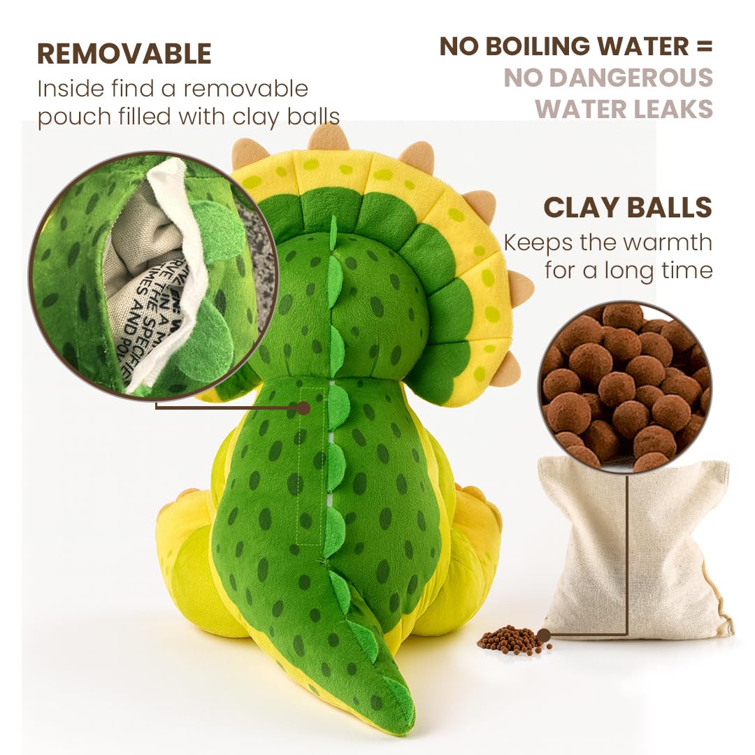 BIOSYNEX - Jurassic World Explorers Heatable Plushies – Microwave Warm Cuddle Toy with Removable Clay Bead Pouch - Gentle and Comforting Warmth - Machine Washable and Safe from Birth (Triceratops)