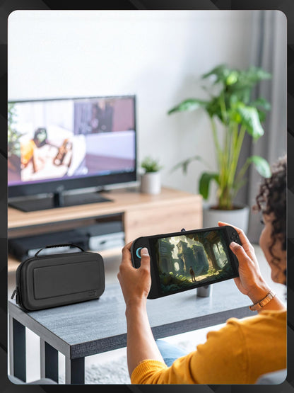Orzly Nintendo Switch 2 travel case with screen padding, game card and microSD slots, zipped and open pockets for accessories.