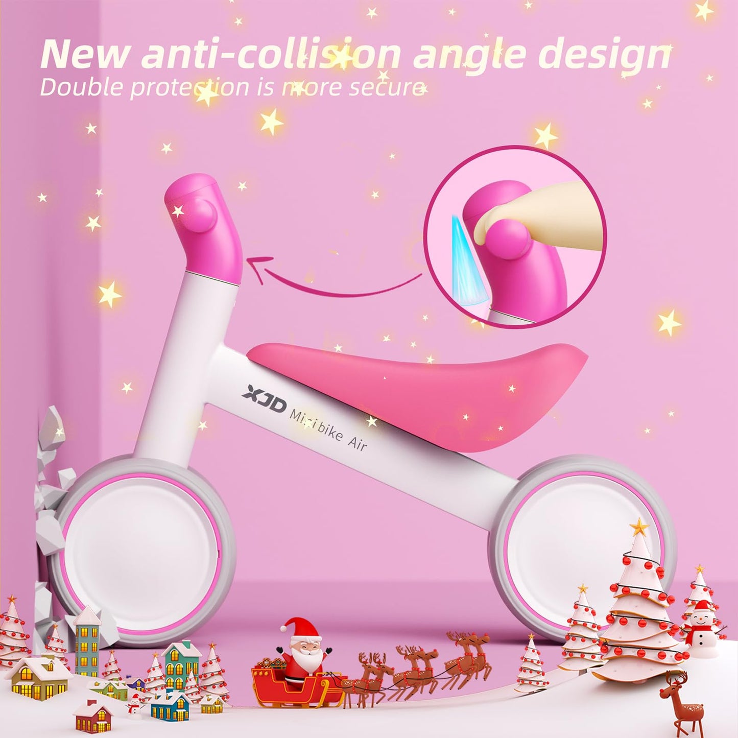 XJD pink and white baby balance bike for toddlers, designed for 10-24 months, featuring a no-pedal design.