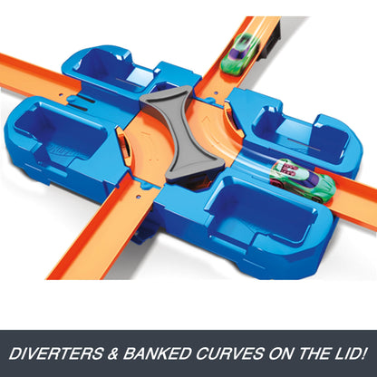 Hot Wheels Track Builder Deluxe Stunt Box with 5m track, dual launchers, and two toy cars for kids ages 6 and up.