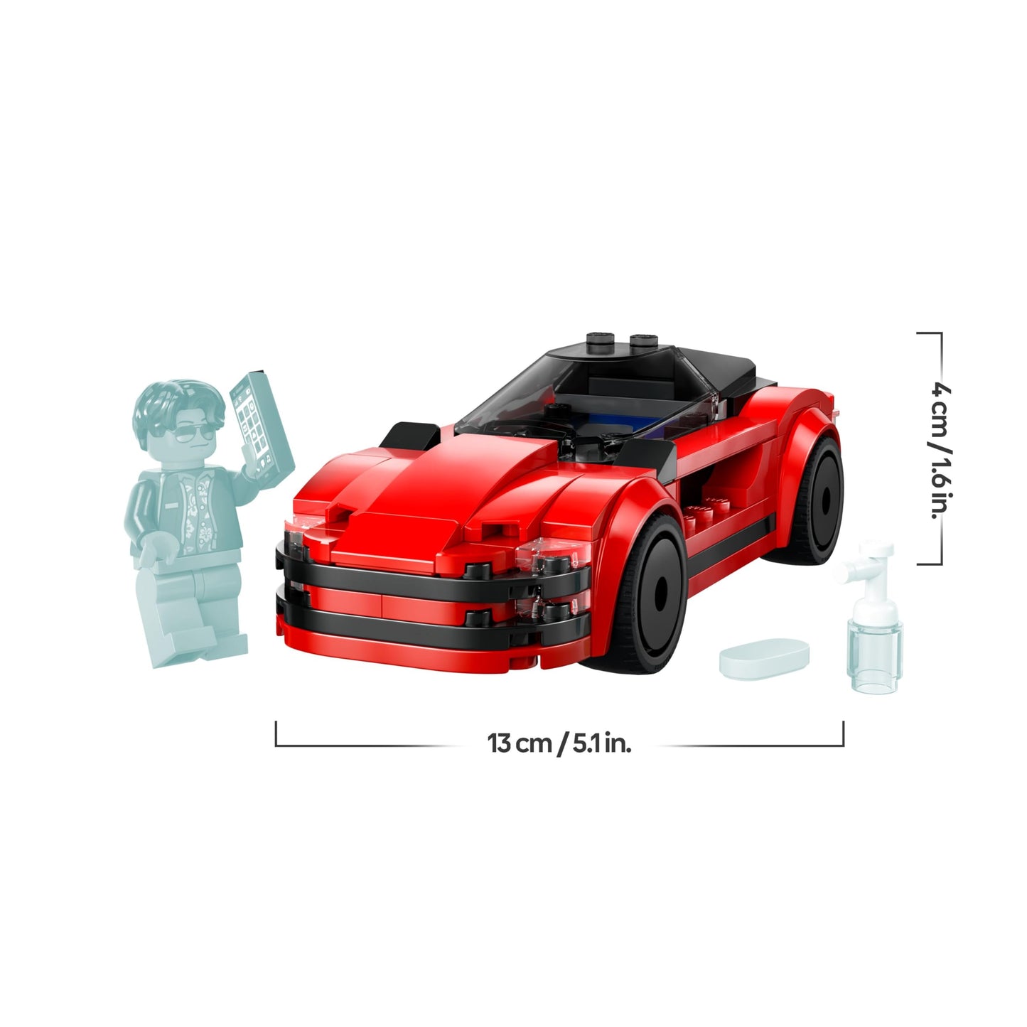 LEGO City red sports car toy with driver minifigure and accessories, designed for kids aged 5 and up.