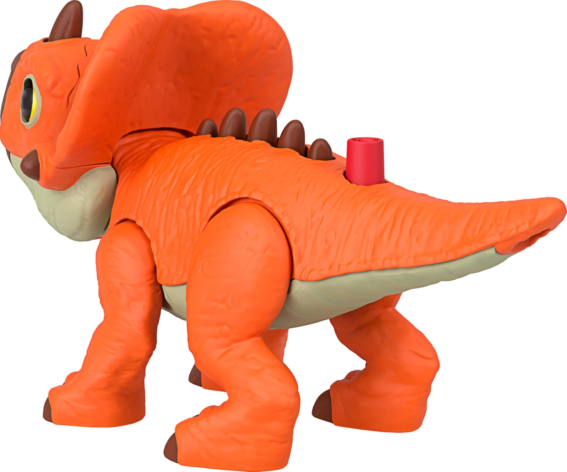 Fisher-Price Imaginext Jurassic World Aquilops dinosaur action figure with moving spikes and kid-activated motion, 7.75-inch toy.
