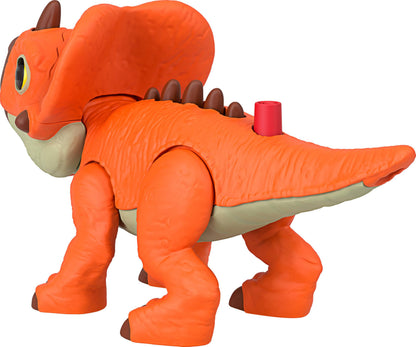 Fisher-Price Imaginext Jurassic World Aquilops dinosaur action figure with moving spikes and kid-activated motion, 7.75-inch toy.