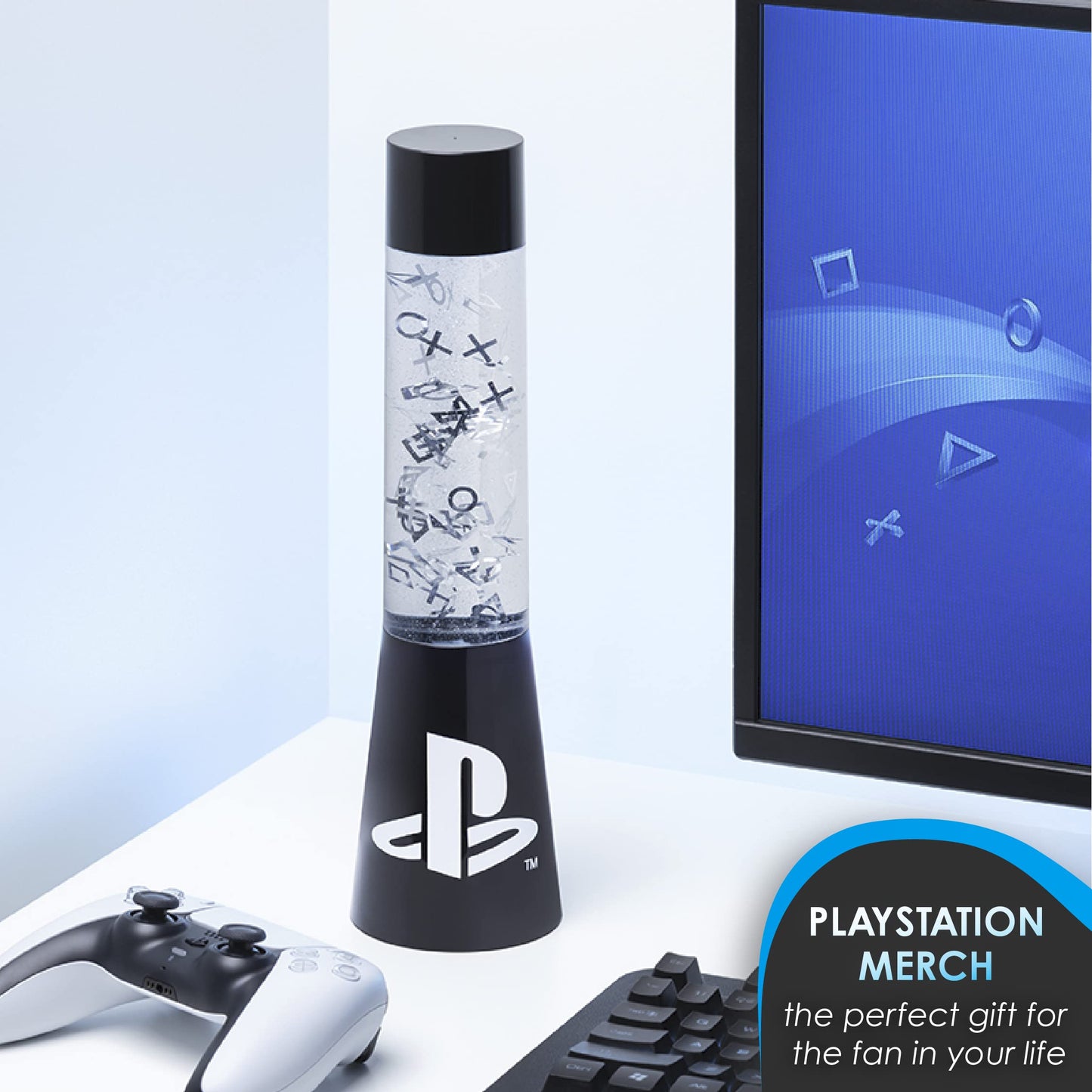 PlayStation Paladone | Sony Glitter Liquid Mood Light with Floating Controllers & Icons | Officially Licensed Sony Merchandise | PS5 | Lava Lamp | Desk Lamp | Bedside Light | Gaming Decor