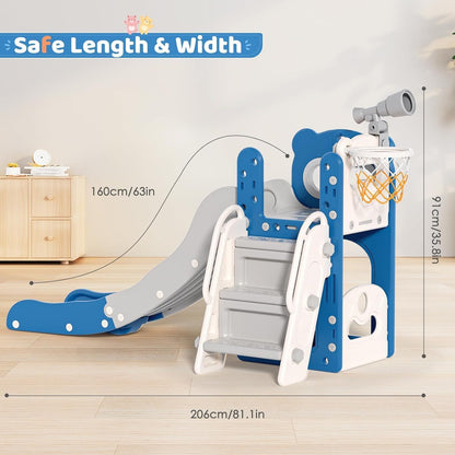 Kids Slide,Indoor Thickened Widened toddler slide with basketball hoop, climbing frame for the garden,storage space slide ((5-in-1 Naughty Bear Slide 170+Ball Frame+Telescope-Blue Gray))